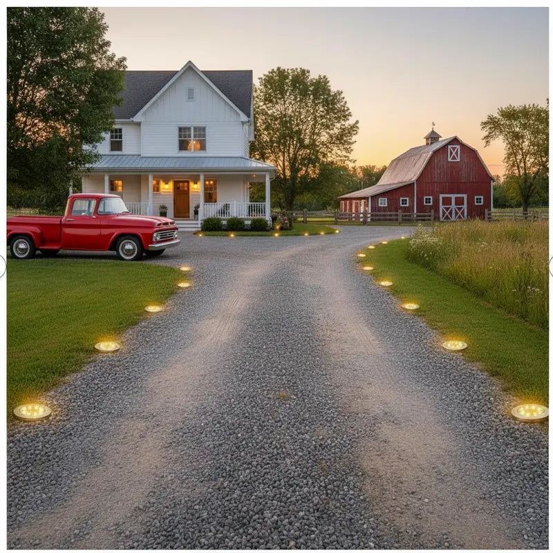 Red truck parked on a gravel driveway leading to a white house with a red barn.