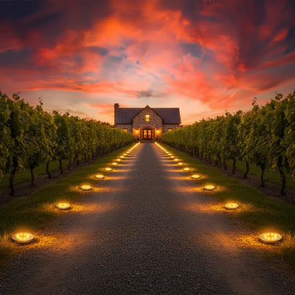 Vineyard with a pathway lined with lights leading to a stone building under a vibrant sunset sky.