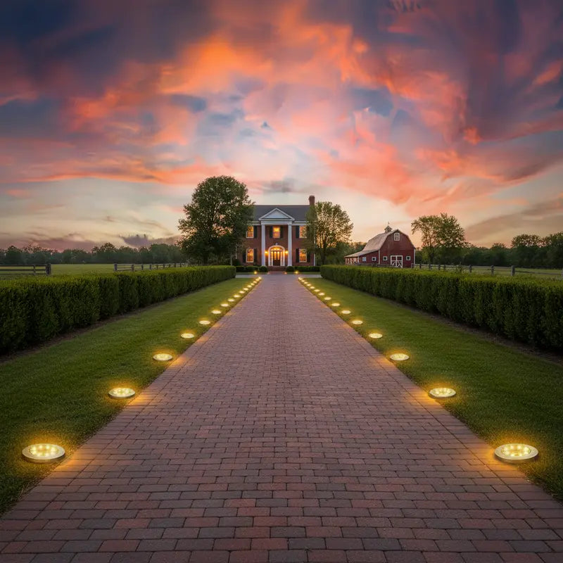 Brick pathway leading to a house with a colorful sunset sky