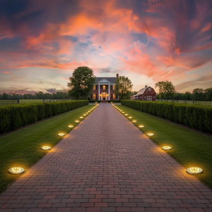 Brick pathway leading to a house with a colorful sunset sky