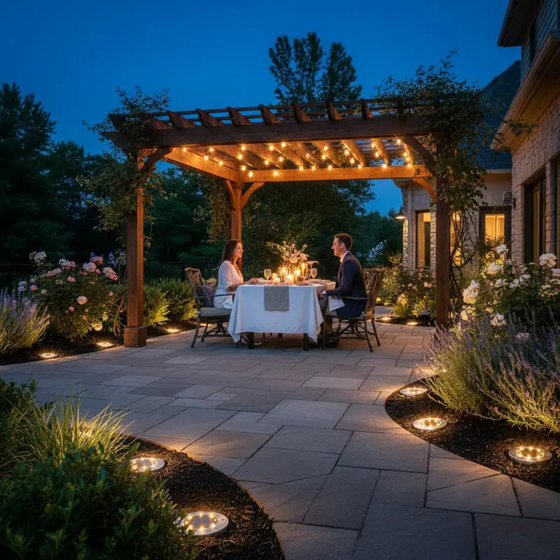 Couple dining under a pergola with string lights on a patio at night.