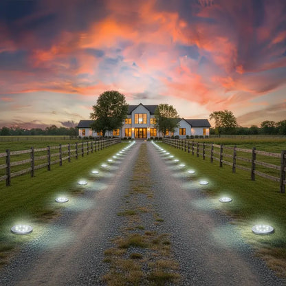 Farmhouse at sunset with illuminated pathway and clouds in the sky