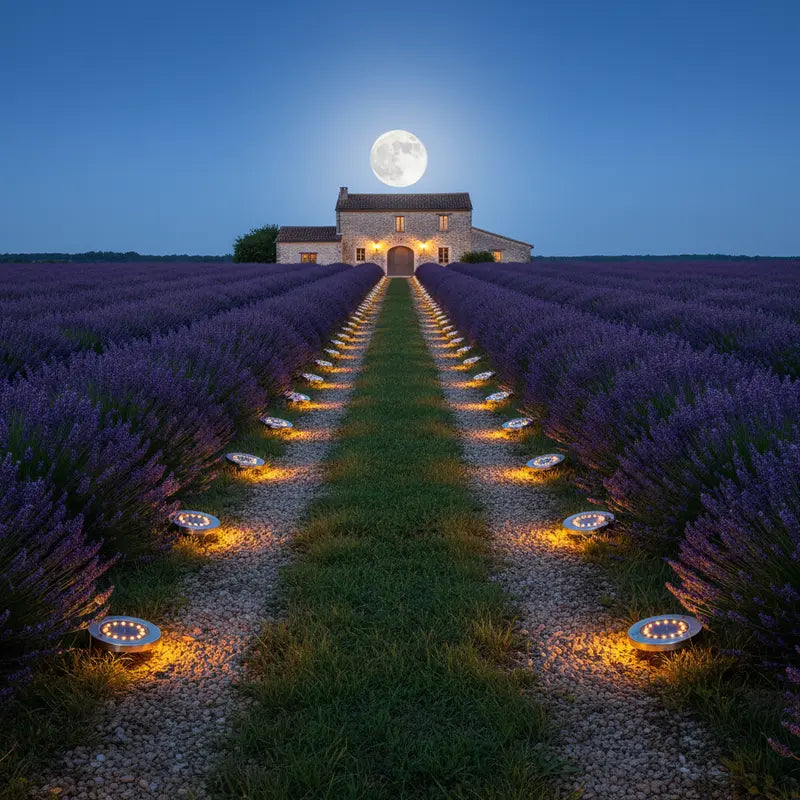 Lavender field at night with illuminated pathway and full moon