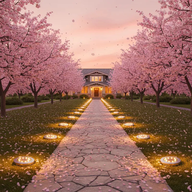 Pathway lined with cherry blossom trees leading to a house at sunset.