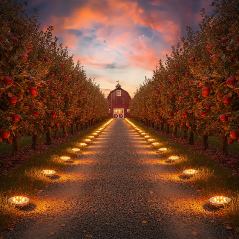 Apple orchard at sunset with a red barn and illuminated pathway.