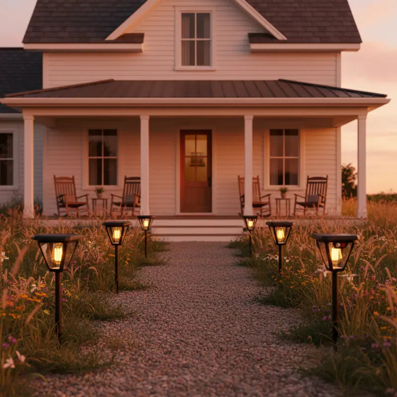 Cottage with a pathway lined with illuminated solar lamps at dusk.