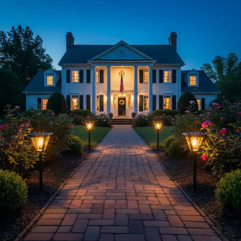Stately white house with a well-lit driveway at night