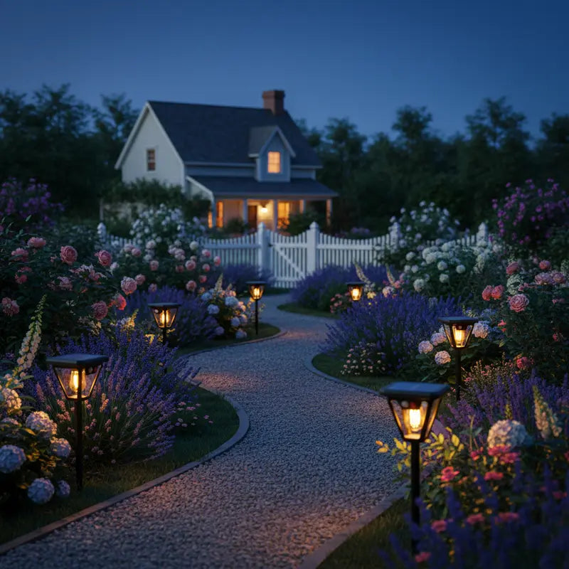 Evening garden with illuminated pathway and house in the background