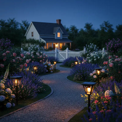 Evening garden with illuminated pathway and house in the background
