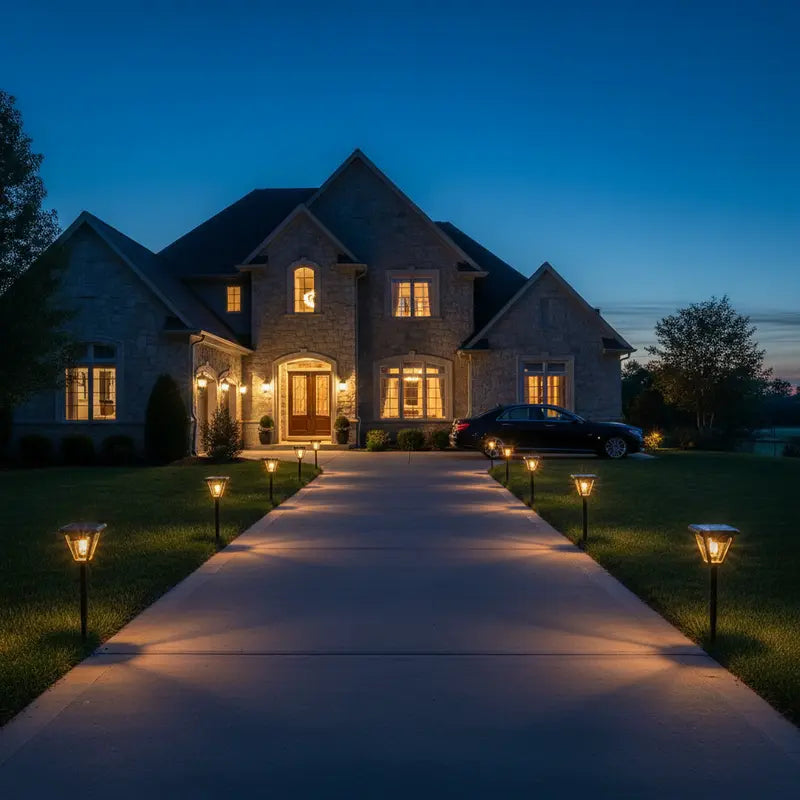 Luxurious house with a well-lit driveway at night