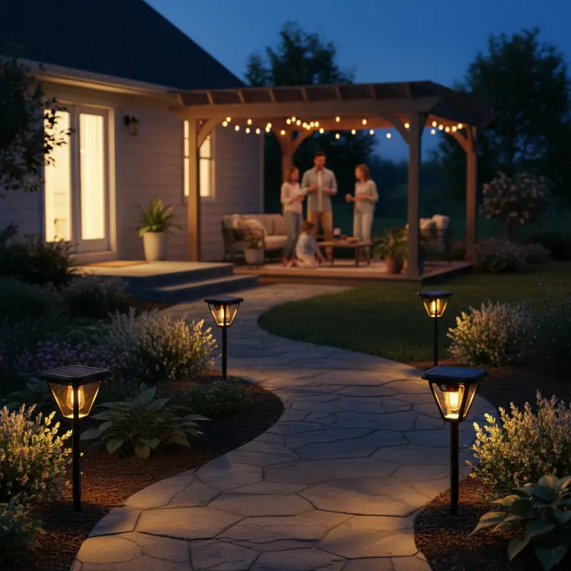 Family gathering on a patio at night with string lights and outdoor lamps.