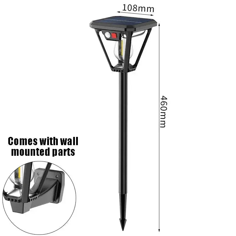 Solar-powered outdoor light with dimensions and wall mounting feature on a white background