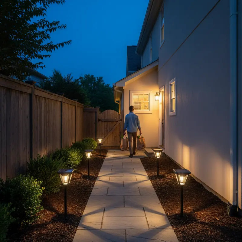 Person walking along a lit pathway outside a house at night.