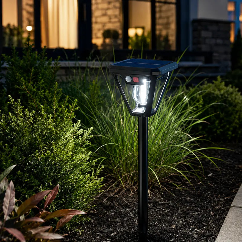 Solar-powered outdoor light fixture in a garden setting