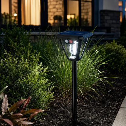Solar-powered outdoor light fixture in a garden setting