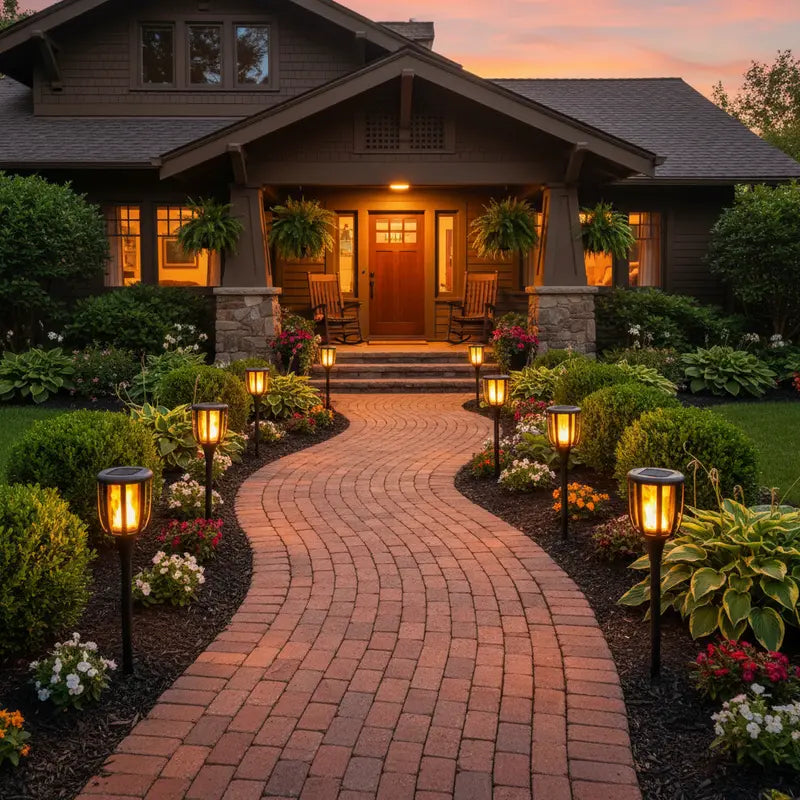 Evening view of a house with a lit pathway and garden lights.