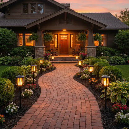 Evening view of a house with a lit pathway and garden lights.