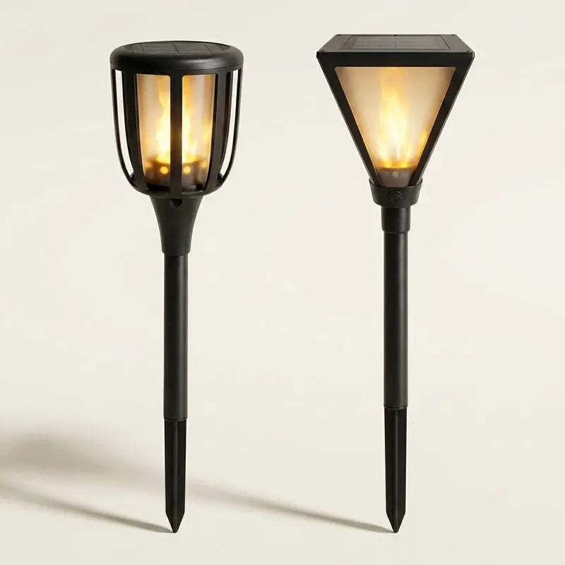 Two solar-powered outdoor lights on a beige background