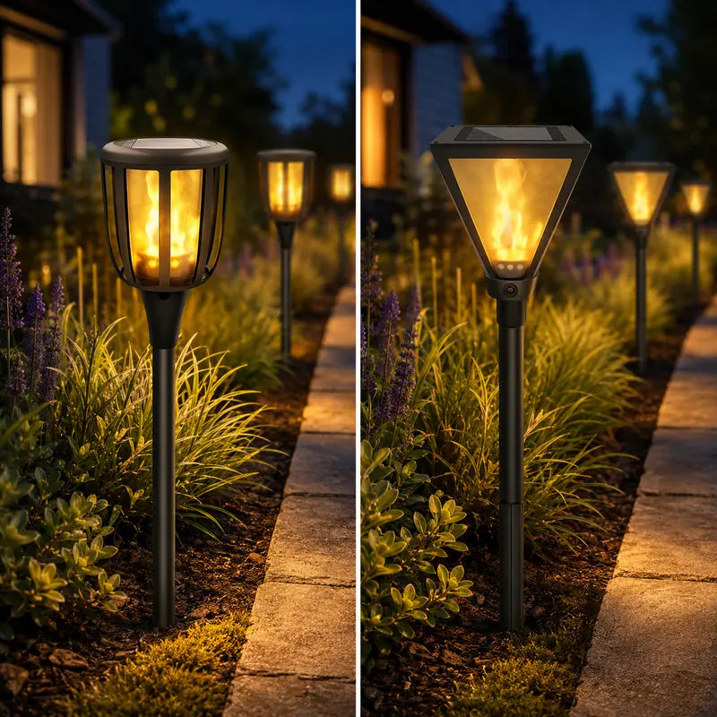 Solar garden lights illuminating a pathway at night.