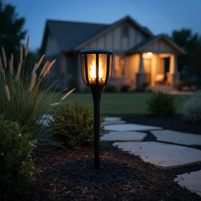 Glowing outdoor lamp in a garden with a house in the background