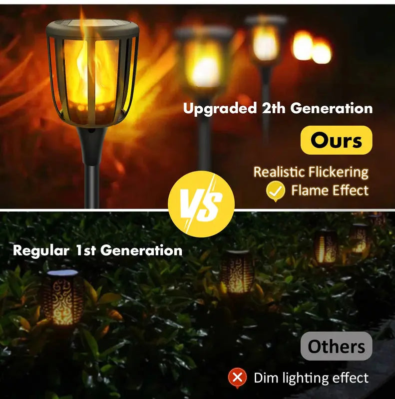Comparison between upgraded 2nd generation solar lights with realistic flickering flame effect and regular 1st generation with dim lighting effect.