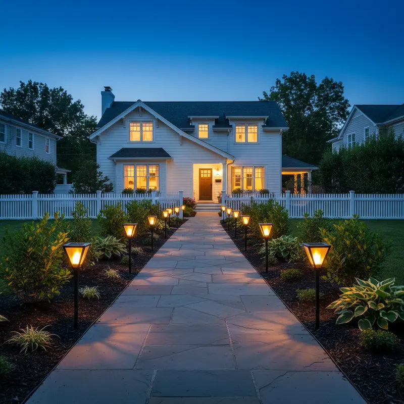 Evening view of a house with a well-lit pathway and garden lights.