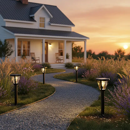 Pathway leading to a house with decorative lights at sunset