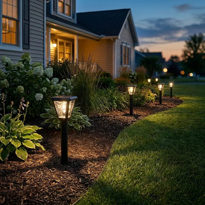 Garden pathway with illuminated solar lights at dusk, featuring a house in the background.