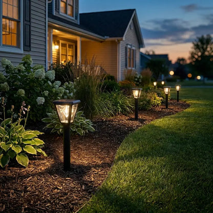Garden pathway with illuminated solar lights at dusk, featuring a house in the background.