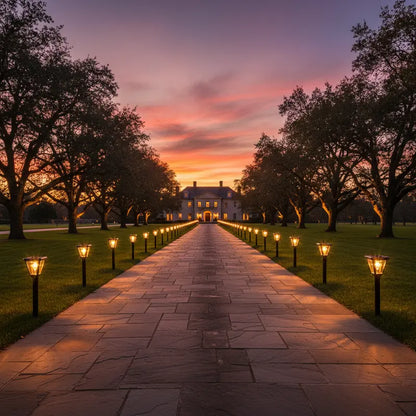 Stately home at sunset with a pathway lined by lights