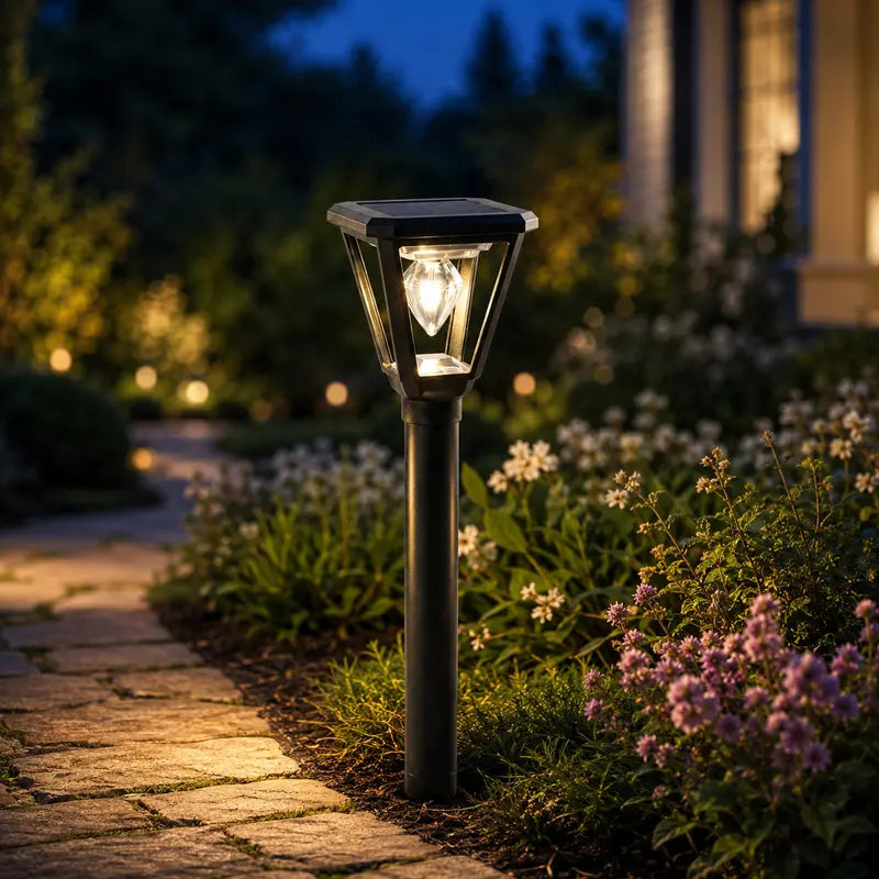 Garden path illuminated by a solar lamp with flowers and greenery in the background.