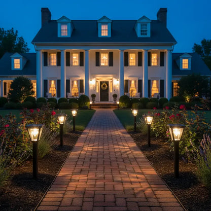 Elegant house with a well-lit pathway at night