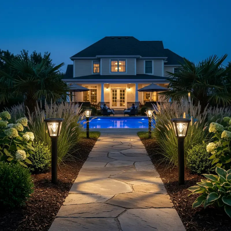 Evening view of a house with a pool and garden pathway illuminated by outdoor lights.