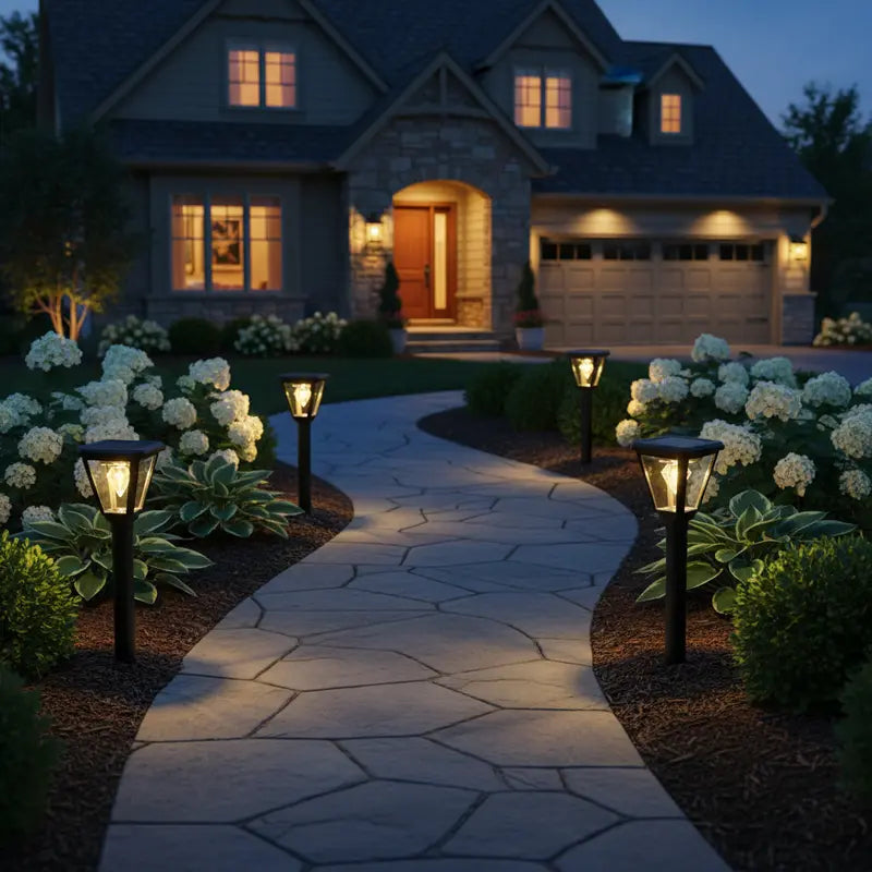 Pathway leading to a house with illuminated garden lights at night