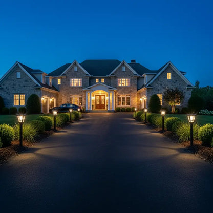 Luxurious house with well-lit driveway at night