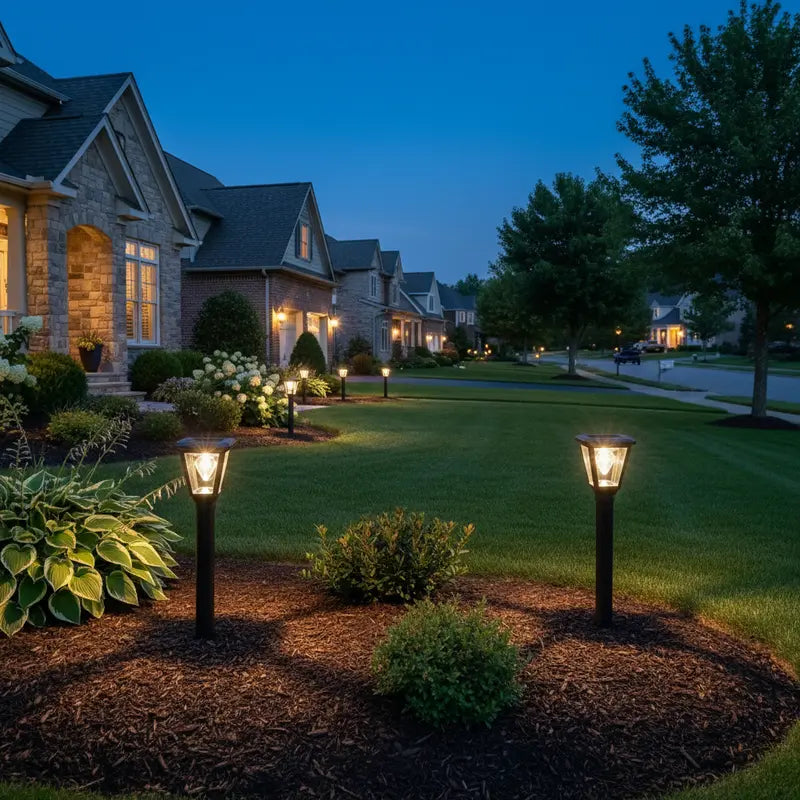 Neighborhood street at night with illuminated garden lights and houses.