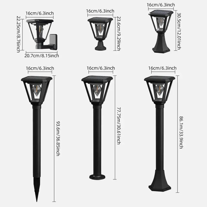Dimensions of outdoor solar lamps on a white background