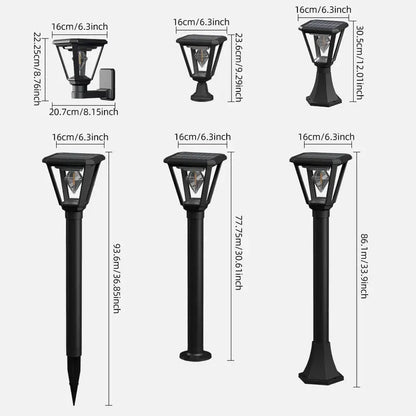 Dimensions of outdoor solar lamps on a white background