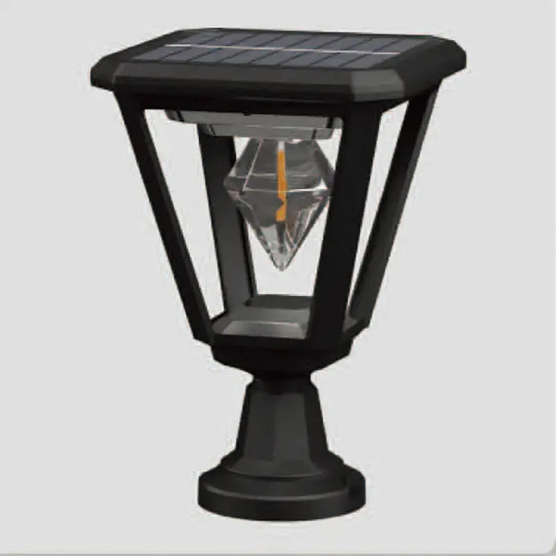 Solar-powered outdoor lamp with clear bulb on a light gray background