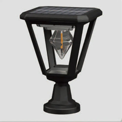 Solar-powered outdoor lamp with clear bulb on a light gray background