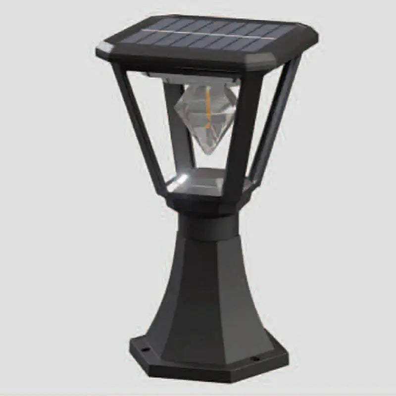 Black solar-powered outdoor lamp on a gray background