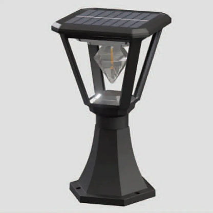 Black solar-powered outdoor lamp on a gray background