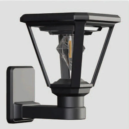 Black outdoor wall light fixture on a gray background