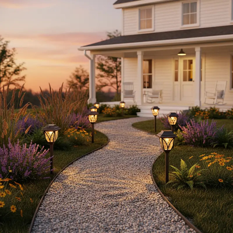Pathway leading to a house with decorative lights and flowers