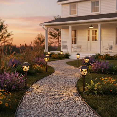 Pathway leading to a house with decorative lights and flowers