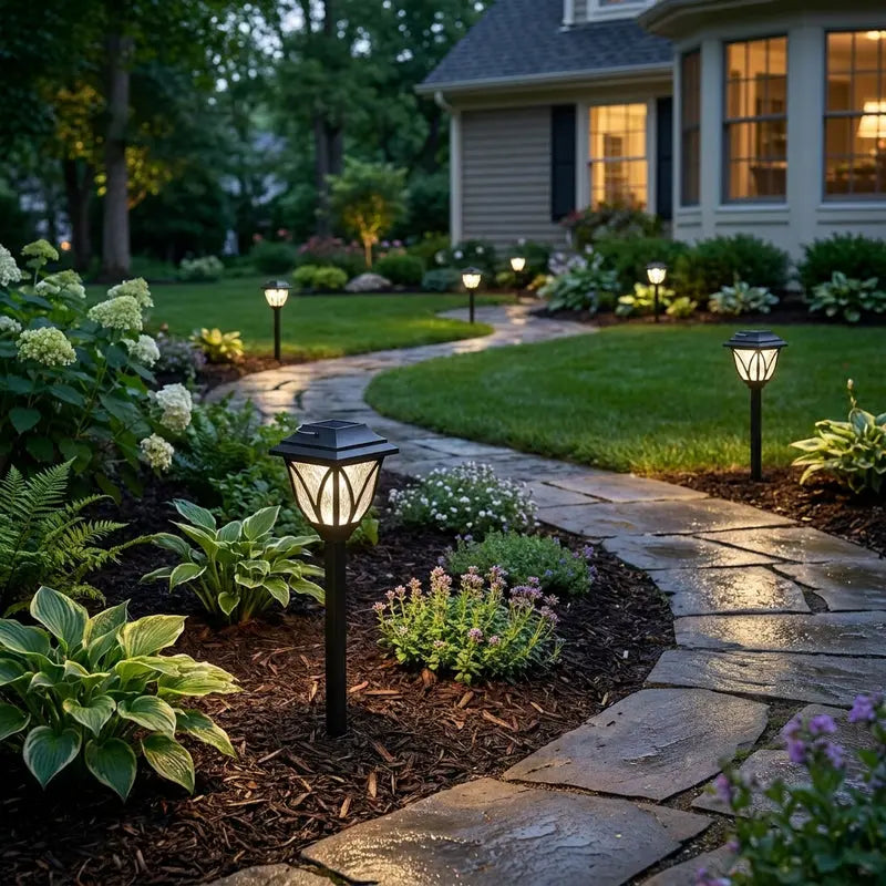 Garden pathway with decorative lights and well-maintained plants in front of a house.