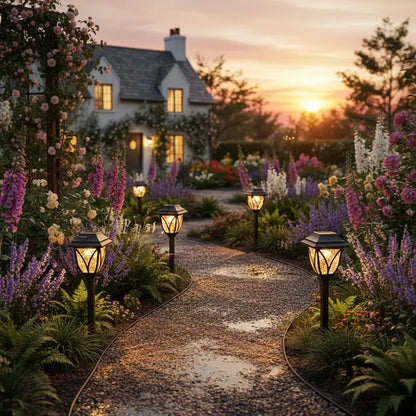 Garden pathway with decorative lights leading to a house at sunset.