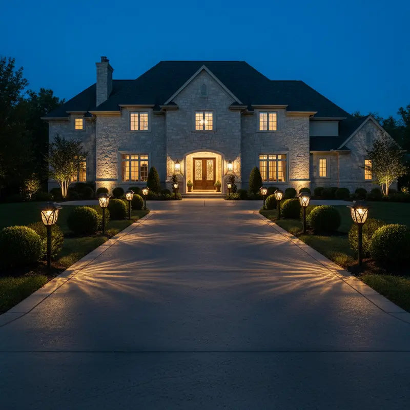 Luxurious house with illuminated driveway at night