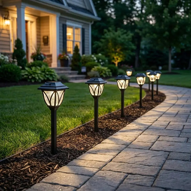 Outdoor pathway with decorative solar lights in front of a house
