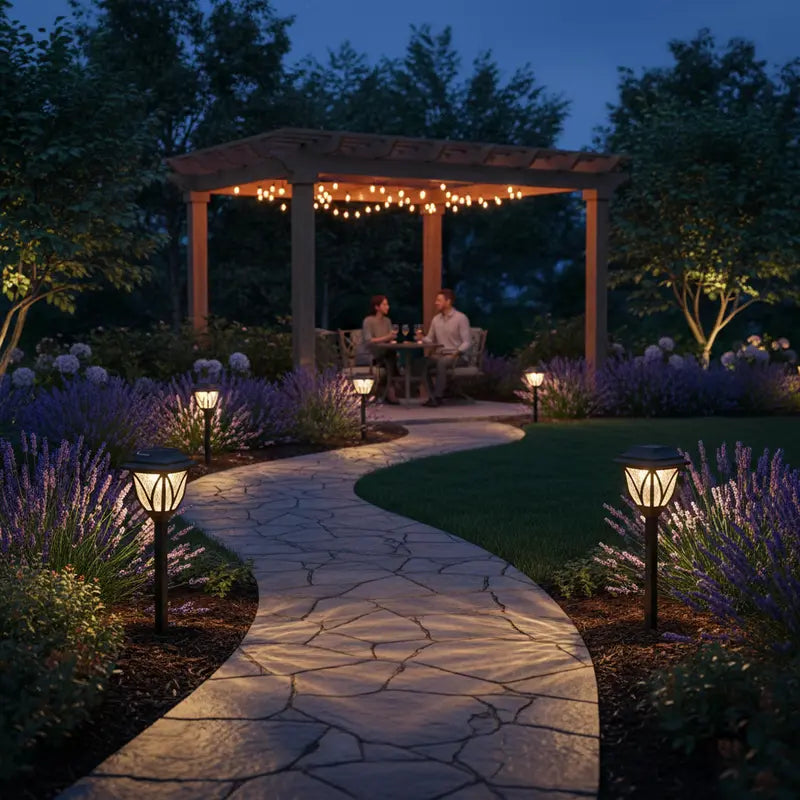 Gazebo with string lights and people sitting under it in a garden at night.